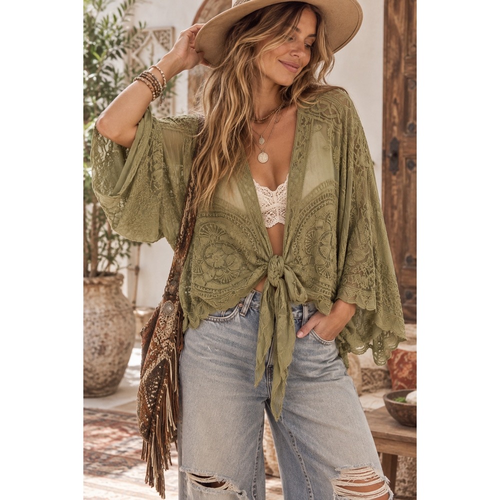 Rachel Zoe Womens Green Lace Tie Front Kimono Wrap Cardigan One Size Boho Floral